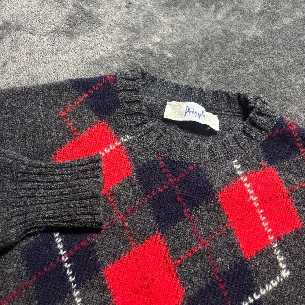 Pringle of Scotland Wool Argyle Sweater Men’s Large Gray Red Crewneck Pullover